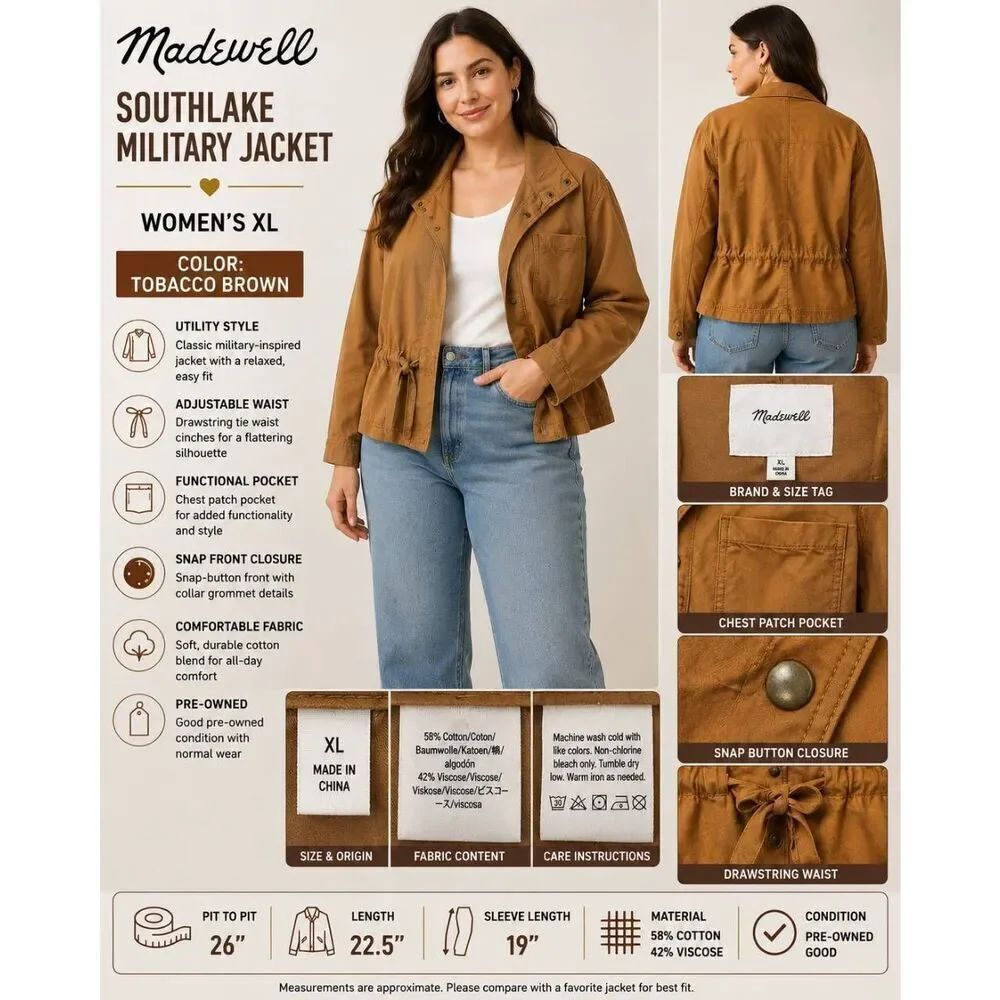 Madewell Southlake Military Jacket Women’s XL Tobacco Brown Utility Tie Waist